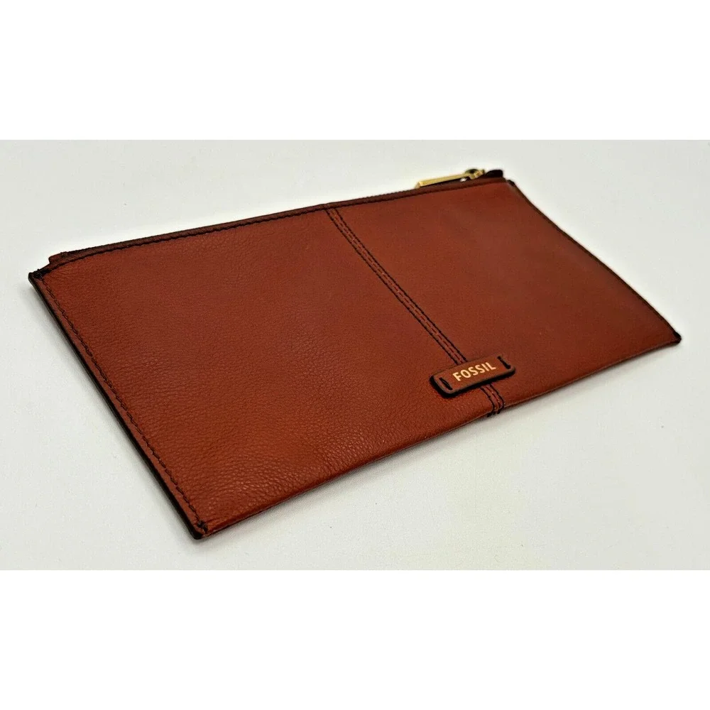 Fossil Pebbled Cowhide Leather Cinnamon Brown Zippered Money Wallet Pouch Clean!